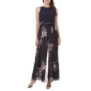 Formal navy jumpsuit with flower print sheer legs